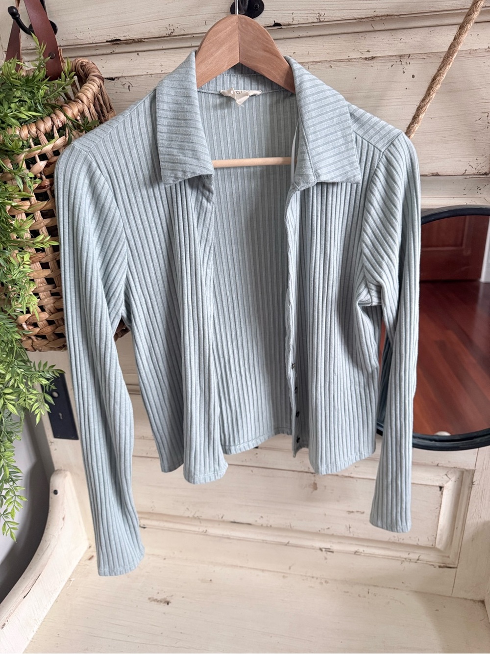 meraki Ribbed Button-Down Shirt in Light Sage
